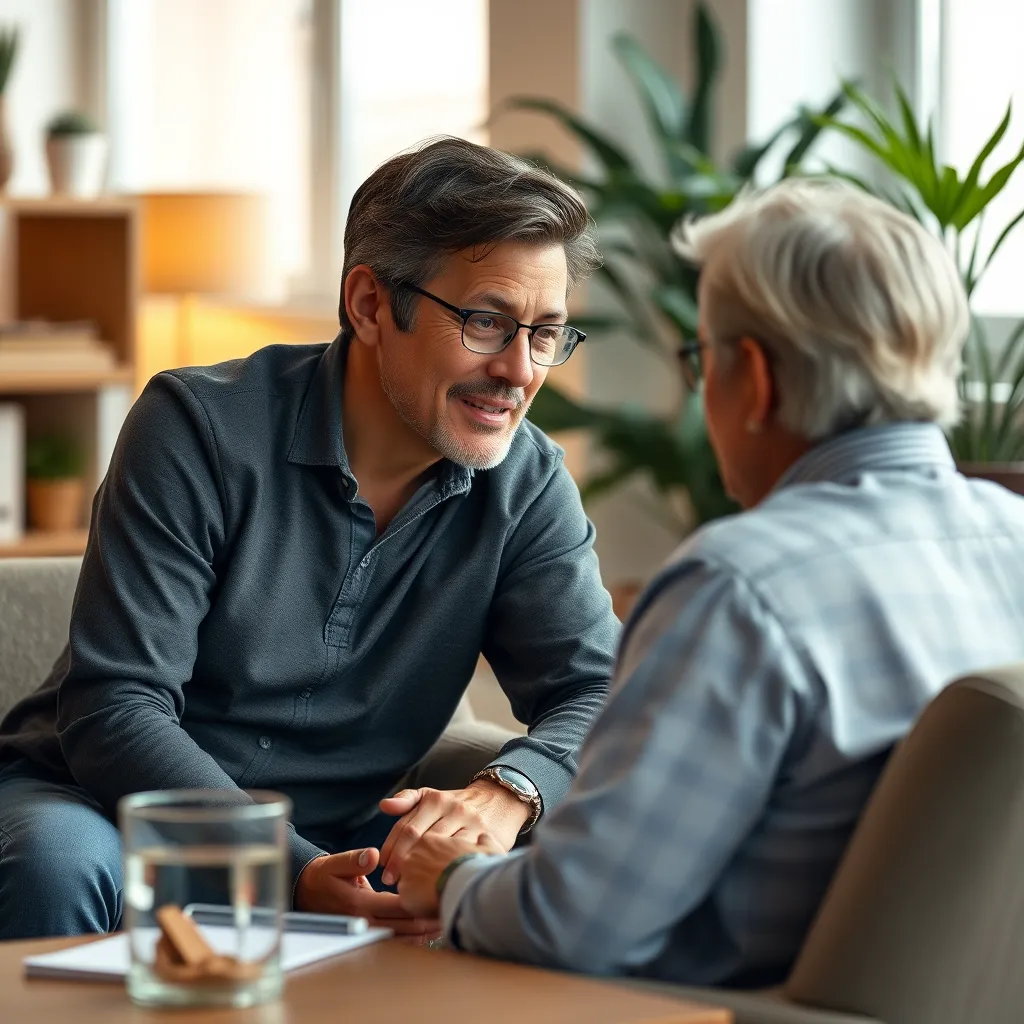 A coach sitting across from a client in a comfortable setting, with the coach leaning forward and making eye contact, while the client expresses their thoughts. The background should depict a warm and inviting environment, perhaps a cozy office with natural light.