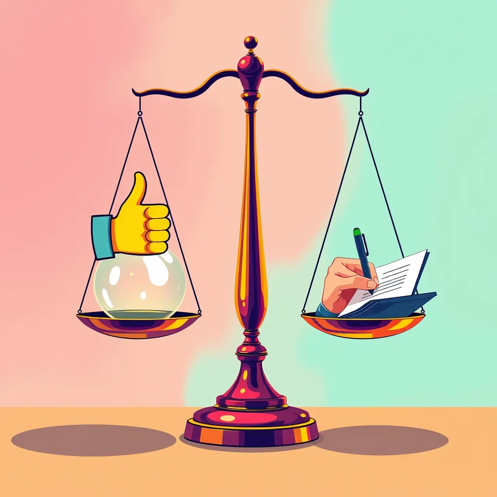 A colorful illustration depicting a balanced scale, with one side showing a thumbs up symbol representing positive feedback and the other side showing a hand writing constructive feedback on a notepad, highlighting the importance of balance in reviews.