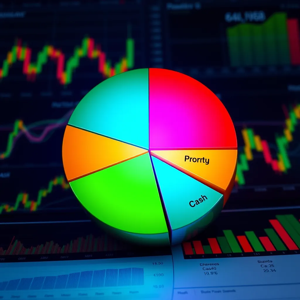 A colorful pie chart representing a diverse portfolio with slices labeled 'Shares,' 'Property,' 'Bonds,' and 'Cash.' The chart is set against a background of financial graphs and charts, conveying a sense of data-driven investment decisions. The overall theme is one of diversification and informed financial planning.