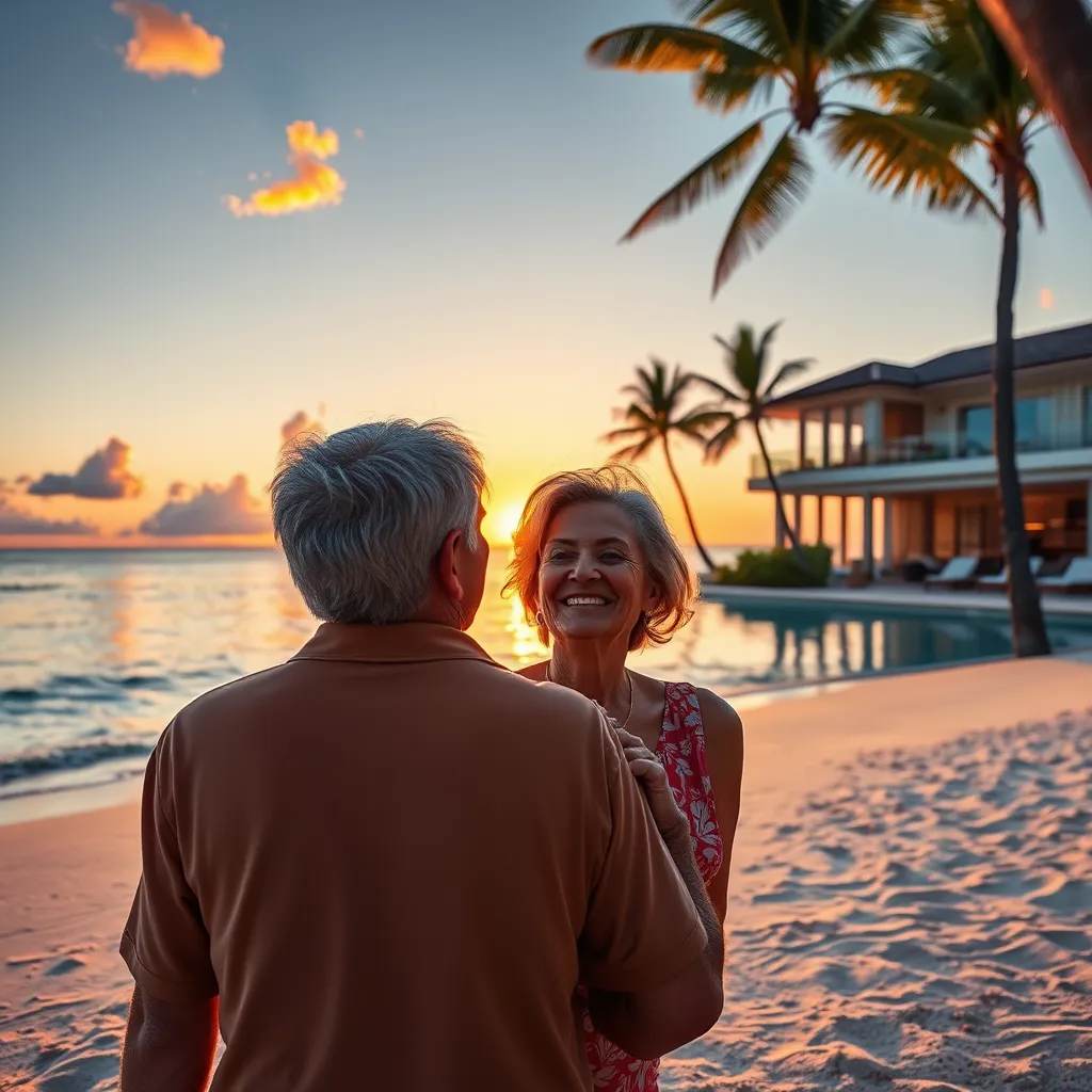 A couple enjoying a sunset on a tropical beach. They are relaxed and happy, enjoying their retirement. In the background, a luxurious villa with a swimming pool can be seen.