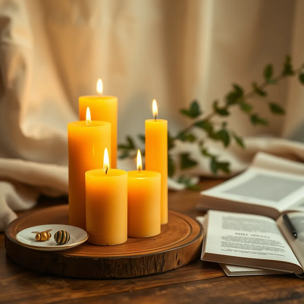 A cozy setup with multiple handmade beeswax candles of varying heights lit and casting a warm, inviting glow. The candles are placed on a wooden surface, with a backdrop of soft fabric and subtle greenery, creating a tranquil environment. Soft diffused lighting highlights the natural golden color and texture of the beeswax, creating gentle shadows that add depth to the scene. A small plate with bee-shaped decorations and a book rests nearby, enhancing the homely atmosphere. The composition is shot from a low angle to capture the waxing glow, in hyperrealistic style, at 8K resolution, emphasizing the warmth and beauty of natural beeswax.