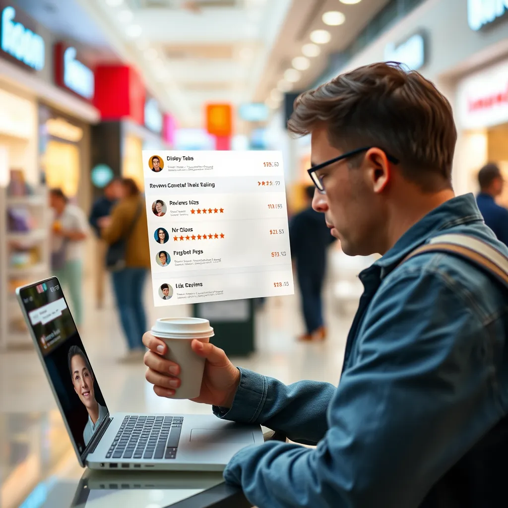 A customer looking at a laptop screen, showing multiple reviews and ratings, while holding a coffee in their other hand. In the background, a blurred image of a bustling shopping mall with various stores and products. The scene conveys a sense of informed decision-making powered by reviews.