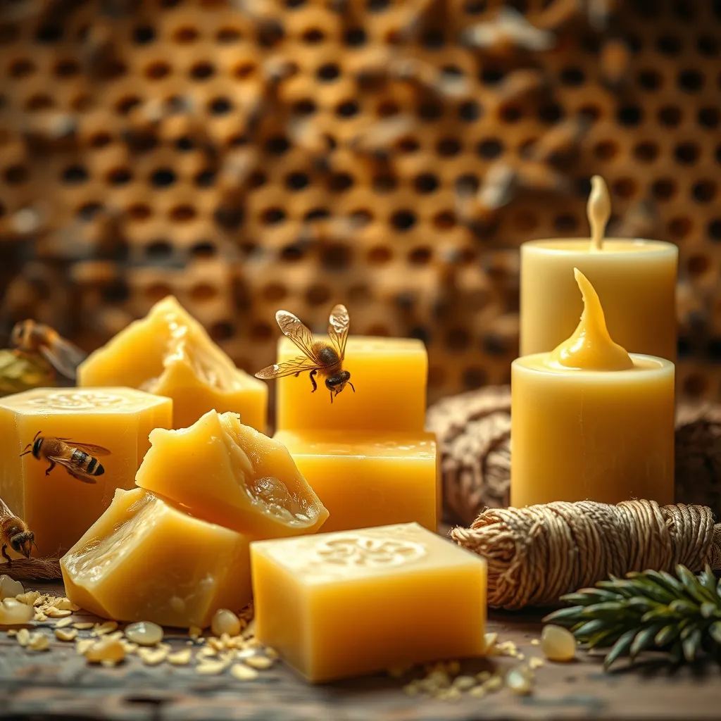 A detailed composition featuring beeswax in various forms: chunks, candles, and wraps. Incorporate an elegant ambiance with a soft, warm light, showcasing bees at work in a beehive in the background, emphasizing the sustainability and versatility of beeswax.