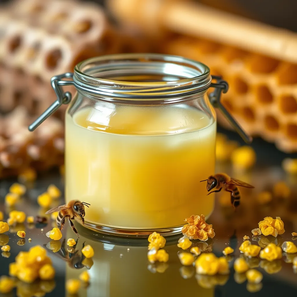 A detailed image of a glass jar containing creamy royal jelly, surrounded by bee pollen, honeycomb, and a tiny bee, set against a reflective surface that highlights the texture of the jelly and the vibrant colors of the surrounding natural elements.