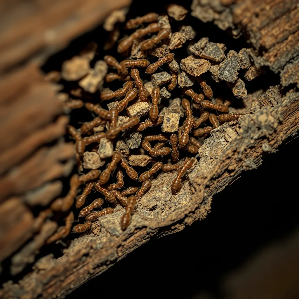 A dramatic image showcasing the destructive power of termites. A close-up shot of a termite colony thriving within a wooden beam, the intricate details of their tunnels and chambers clearly visible. The wood is partially decayed, revealing the devastating impact of the termites. The lighting is dramatic, casting sharp shadows and highlighting the contrast between the light and dark areas of the colony. The image should evoke a sense of urgency and the importance of timely termite control. The image is rendered in 8K resolution with a hyperrealistic style, emphasizing the intricate details of the termite colony and the texture of the decayed wood. The color palette is earthy and natural, with shades of brown, grey, and black, further enhancing the realism of the image.