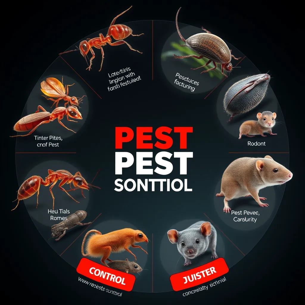 A graphic design showcasing different types of pests (ants, cockroaches, rodents) in a circular arrangement, with each pest linked to a specific control method or technique. The image should be visually appealing and informative, demonstrating the diversity of pest control approaches.