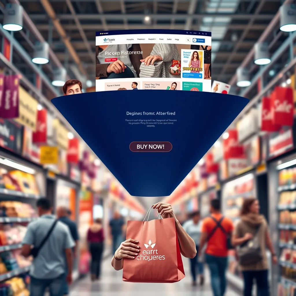 A graphic representing a funnel with a website at the top, leading down to a customer holding a shopping bag. The website is filled with engaging visuals, clear product descriptions, and a prominent "Buy Now" button. The background is a vibrant, energetic marketplace with shoppers browsing products.