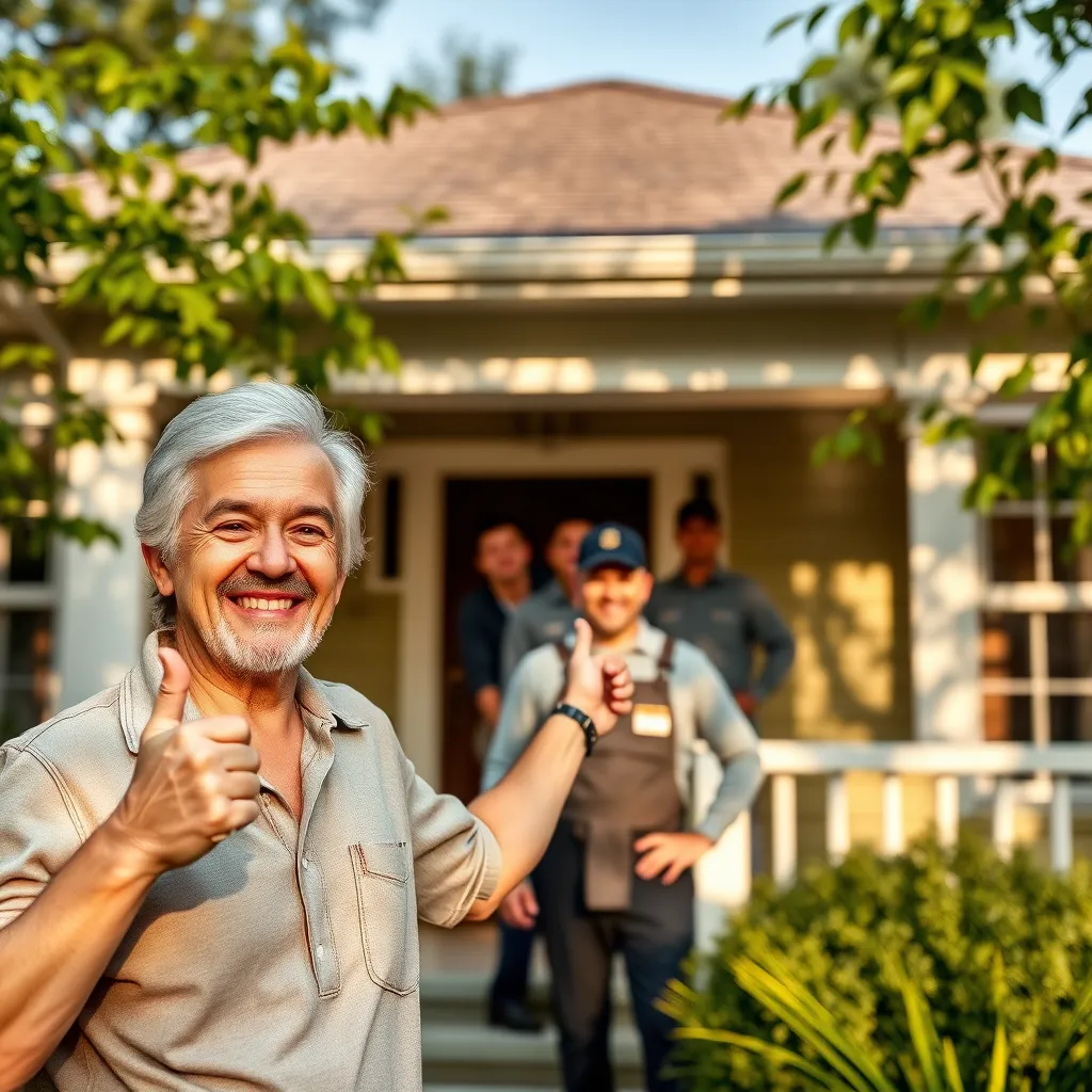 A happy homeowner smiling and pointing to the newly painted exterior of their home, with a team of professional painters standing behind them. The home is surrounded by lush greenery, creating a warm and welcoming atmosphere. The image conveys a sense of trust and satisfaction with the completed project.