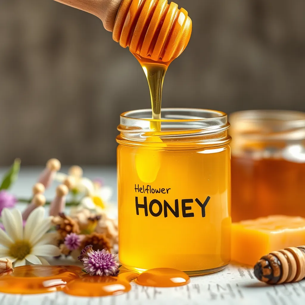 A high-quality, photorealistic image of a wooden honey dipper dripping golden honey into a clear glass jar filled with different types of honey, including wildflower, clover, and manuka honey, surrounded by natural elements like flowers and beeswax.