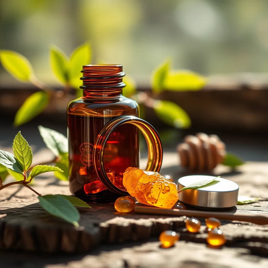 A high-resolution image showing an open vial of dark amber propolis extract with honeycomb pieces and green leaves, on a rustic wooden surface, with bright sunlight highlighting the details of the propolis.