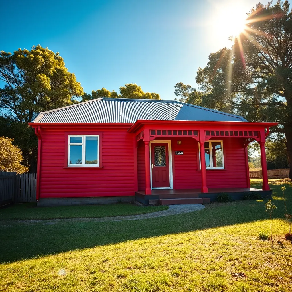 A hyperrealistic, 8K resolution image of a traditional Tasmanian weatherboard house, freshly painted in a vibrant, earthy red color. The house is set against a backdrop of lush green trees and a clear blue sky. The sun shines brightly, casting long shadows on the garden and the house. The camera angle is slightly low, capturing the house from the ground up, highlighting the details of the weatherboards, window frames, and the porch. The scene should have a warm, inviting atmosphere and a color palette of vibrant red, earthy green, and bright blue. The image should be in the style of a landscape painting, emphasizing the natural beauty of the Tasmanian environment and the contrast between the house and the surrounding nature. The lighting should be bright and direct, with contrasting light and shadows creating a dramatic effect.