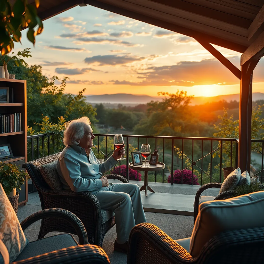 A hyperrealistic image depicting a happy, retired couple enjoying their golden years in a scenic location. The couple is sitting on a patio overlooking a lush garden, with a glass of wine in hand. They are surrounded by comfortable furniture, a well-stocked bookshelf, and personal photographs. The lighting should be warm and inviting, creating a sense of peace and tranquility. Include details like a beautiful sunset in the background, a gentle breeze rustling through the leaves, and the sound of birds chirping in the distance.