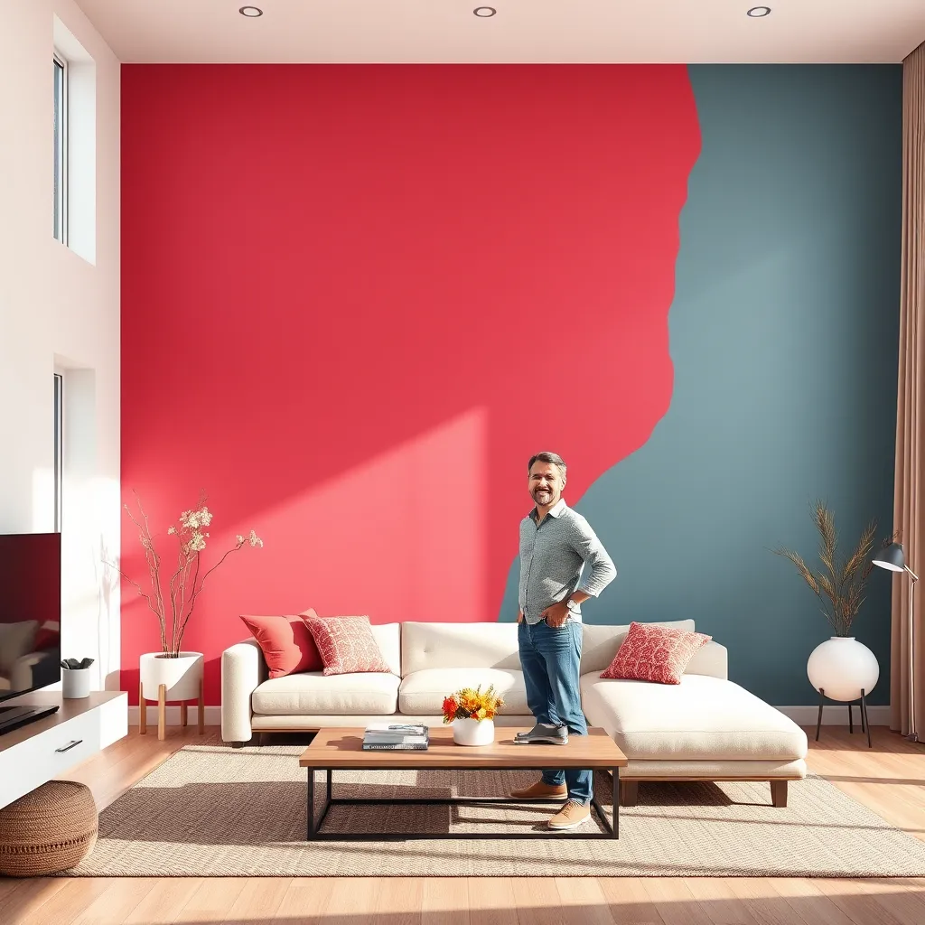 A living room with a modern, minimalist design featuring a feature wall painted in a bold, contrasting color. The room should be filled with natural light, showcasing the vibrant color and smooth texture of the paint. A happy homeowner is standing in the room, admiring the finished result.