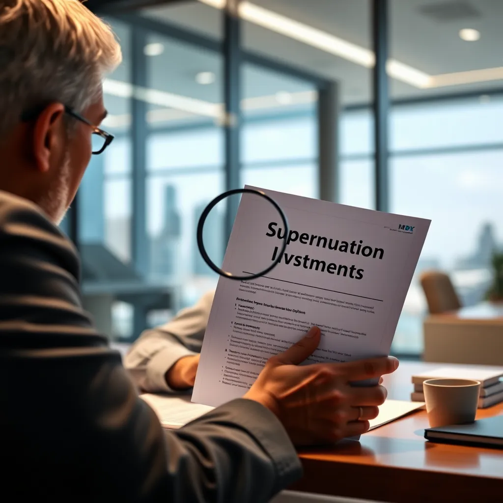 A person sitting at a desk reviewing a financial document with a magnifying glass. The document is titled 'Superannuation Investment Options'. The background is a modern office with a city skyline view.
