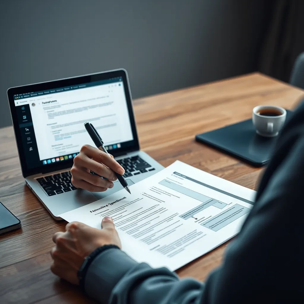 A person sitting at a desk with a laptop, looking at a document with feedback comments and action items, while holding a pen, showcasing the concept of actionable insights in feedback.