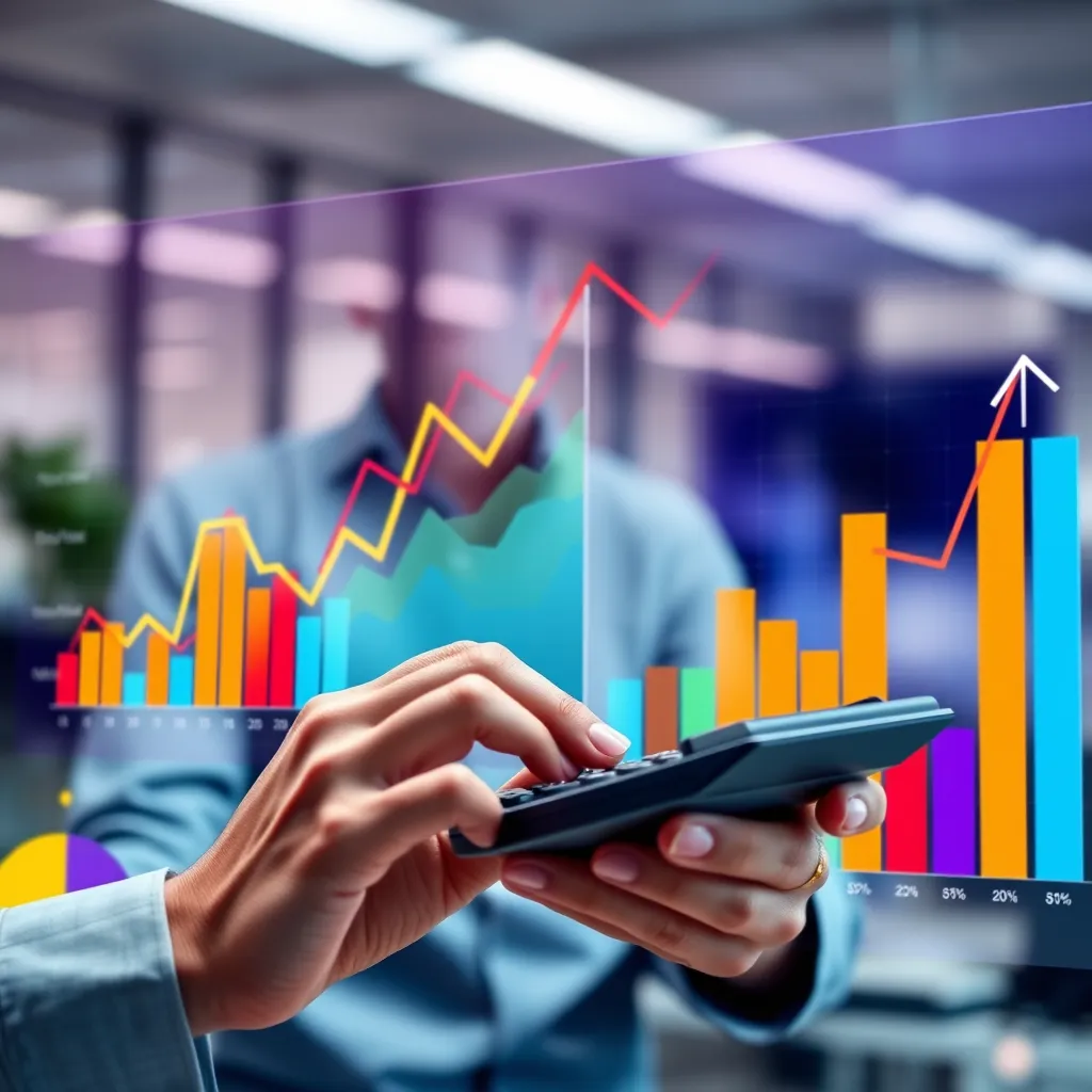 A person using a calculator to calculate their superannuation contributions. They are surrounded by colorful charts and graphs representing investment growth. The background is a bright and modern office setting.