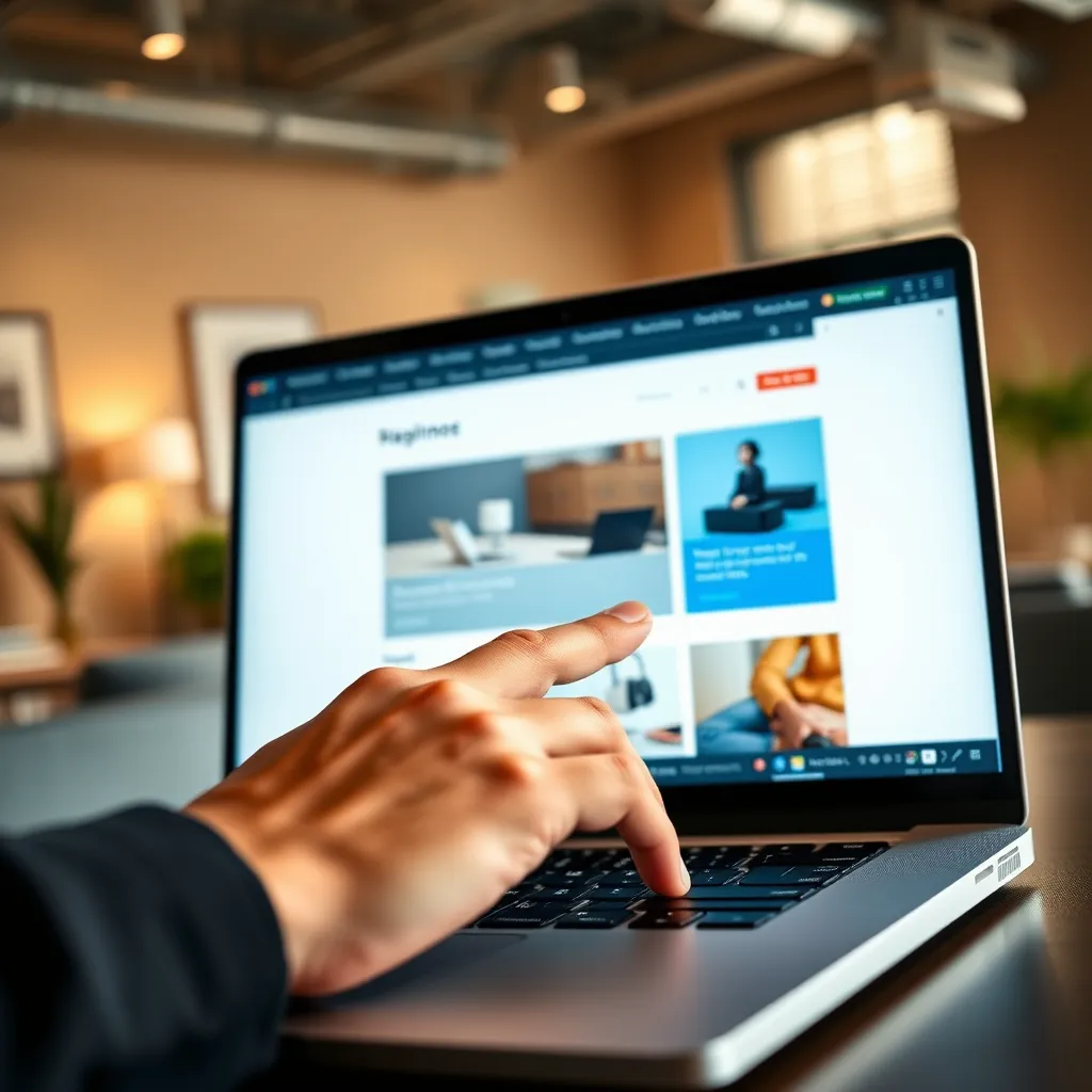 A person using a laptop, their finger gliding smoothly over the trackpad as they navigate a website with clear menus, intuitive navigation, and high-quality images. The background is a warm, inviting office space with natural light streaming in.