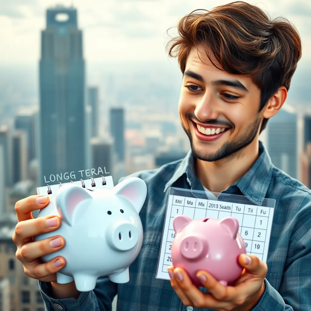 A person with a confident smile, holding a piggy bank and looking at a calendar with a long-term goal written on it. The background should be a cityscape representing financial growth and progress over time.