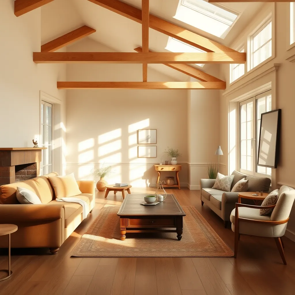 A photorealistic, 8K resolution image of a modern, light-filled living room in a classic Tasmanian cottage. The walls are freshly painted in a soft, warm cream color, complementing the natural wood floors and exposed beams. Sunlight streams through a large window, casting warm shadows on the furniture, including a plush velvet sofa and a vintage coffee table. The image should evoke a sense of calm and inviting comfort. The camera angle is slightly elevated, capturing the entire room and highlighting the details of the newly painted walls and furniture. The scene should have a soft, natural light and a color palette of warm creams, browns, and soft greens. The image should be in the style of a classic still life painting, with a focus on the textures and details of the room. The lighting should be natural and diffused, with soft shadows highlighting the contours of the furniture and walls.