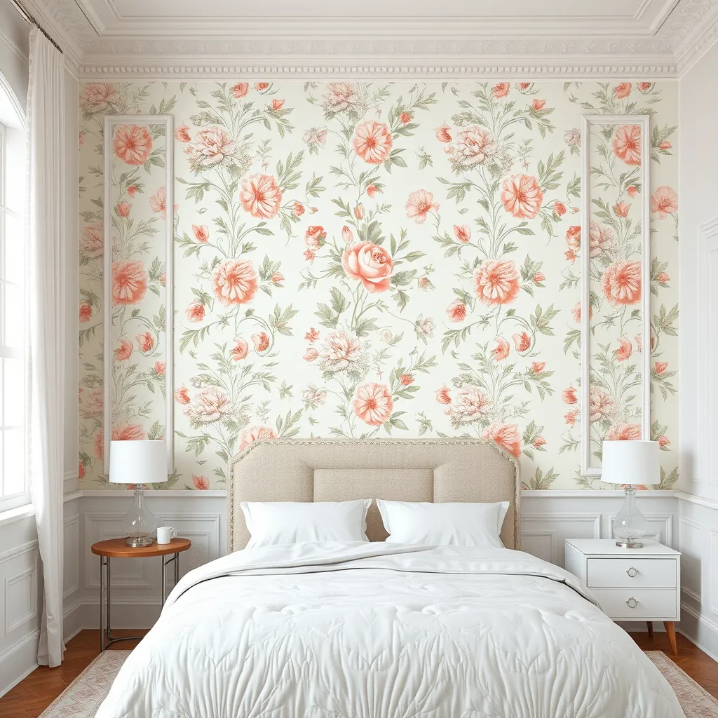 A photorealistic, ultra-detailed image of a bedroom with a feature wall adorned with a beautiful, intricate wallpaper pattern. The wallpaper is a classic floral design in soft pastel hues of pink, blue, and green. The rest of the room is painted in a soft white, creating a calming and elegant backdrop for the wallpaper. The camera angle is eye-level, focusing on the feature wall, capturing the detail and beauty of the wallpaper design. The scene should have a soft, diffused lighting and a color palette of soft pastels and white. The image should be in the style of a contemporary interior design magazine, with a focus on the beauty and artistry of the wallpaper installation. The lighting should be soft and natural, highlighting the textures and details of the wallpaper and the surrounding furniture.