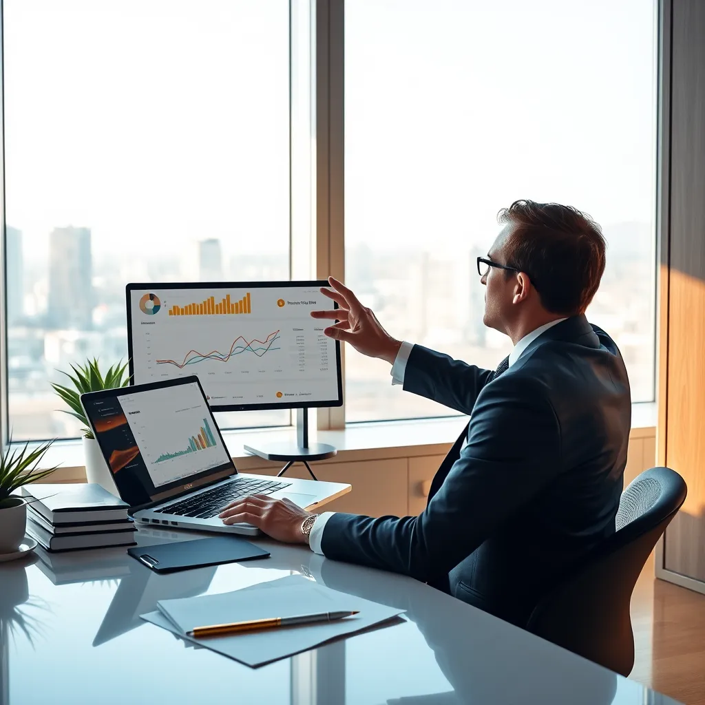 A photorealistic image in 8K resolution of a professional financial consultant in a modern office, wearing a suit, sitting at a desk with a laptop open to a financial dashboard. The consultant is gesturing towards the screen while explaining a chart showing various investment options. The lighting should be soft and natural, creating a warm and inviting atmosphere. Include details like a sleek desk, organized documents, a potted plant, and a cityscape view through a window. Render the scene in a minimalist style, emphasizing the importance of clarity and focus.