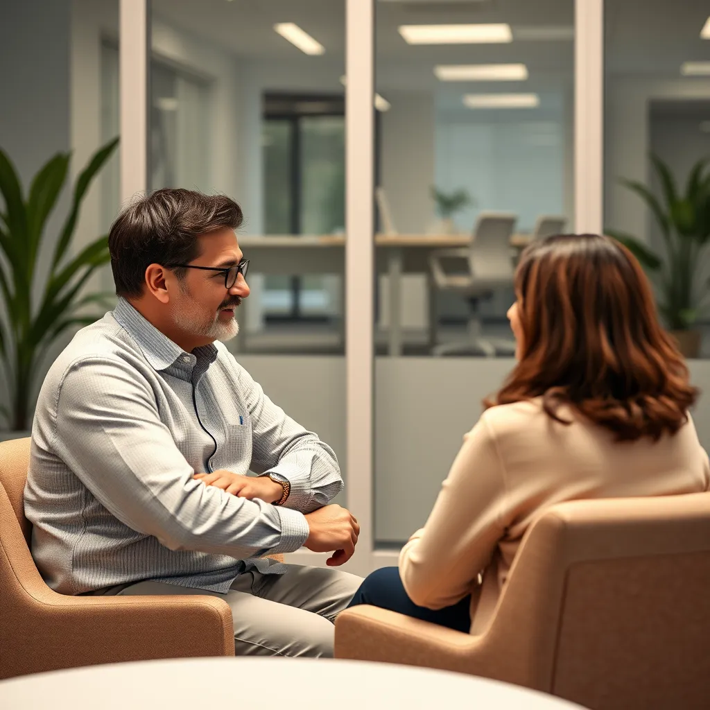 A photorealistic image of a coach and client sitting across from each other in a comfortable office setting. The coach is actively listening to the client, while the client is expressing their thoughts and feelings. The image should convey a sense of trust, openness, and partnership.