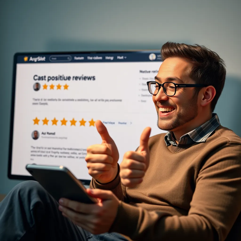 A photorealistic image of a customer reading positive reviews on a website or app, with a smiling face and a thumbs-up gesture. The background should be a clean and modern website design with a prominent review section.