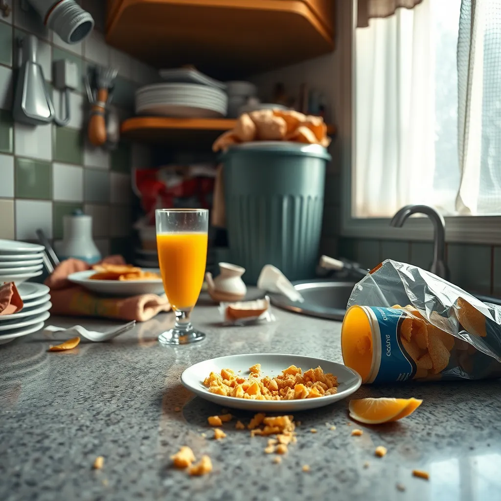 A photorealistic image of a kitchen counter with a plate of crumbs, a spilled glass of juice, and an open bag of chips. The scene is cluttered with dirty dishes and a overflowing trash can. The image should be bright and cheerful, with a focus on the clutter and food scraps.