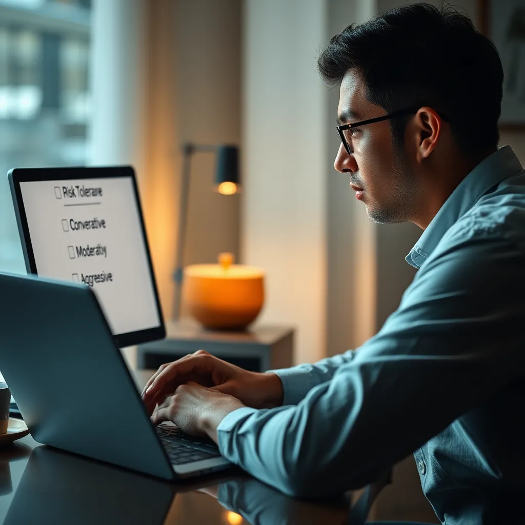 A photorealistic image of a person sitting at a desk, looking thoughtfully at a laptop screen. The screen displays a risk tolerance questionnaire, with options like 'Conservative,' 'Moderate,' and 'Aggressive.' The image conveys a sense of focused decision-making, emphasizing the importance of assessing personal risk tolerance in investment planning.
