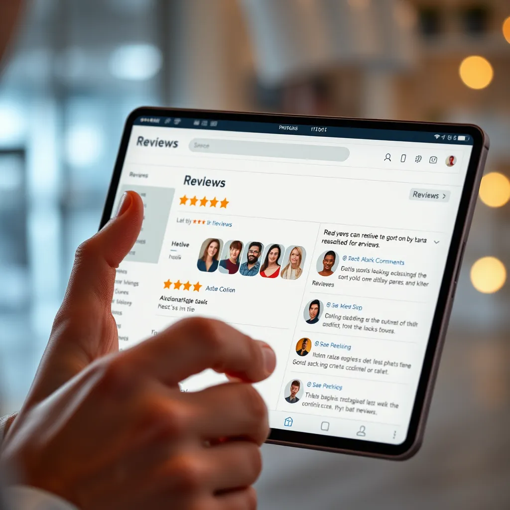 A photorealistic image of a person browsing a product page on a website or app, with a focus on the review section. The image should show a diverse group of people providing reviews, with varying star ratings and detailed comments, indicating that customers are influenced by reviews.