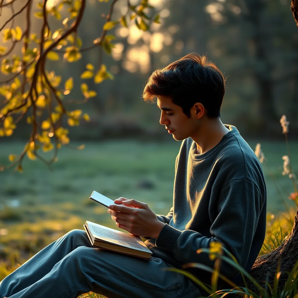 A photorealistic image of a person sitting in a peaceful environment, reflecting on their thoughts and feelings. They are holding a journal and writing down their insights. The image should convey a sense of introspection and personal growth.
