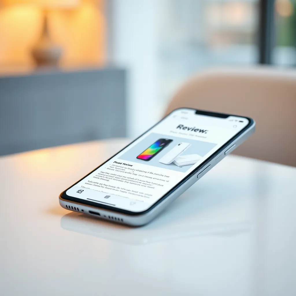 A photorealistic image of a sleek, modern smartphone resting on a minimalist white table.  The phone's screen displays a product review website with a vibrant, colorful image of the product in the center. The background is a soft, blurred bokeh effect with warm, natural lighting.  The overall mood is professional and inviting.  Focus on the details of the phone's screen, showcasing the product image and review text clearly.  Render the scene with ultra-high resolution and realistic textures, aiming for a high-end aesthetic. Style reference: iPhone product photography, focusing on clean lines and minimal distractions.