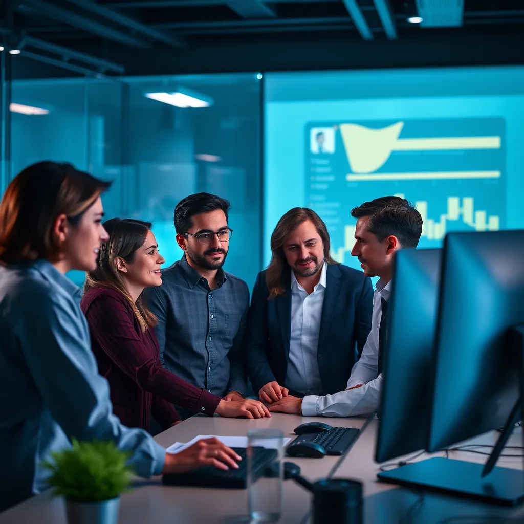 A photorealistic image of a team of professionals gathered around a computer screen, analyzing and discussing customer reviews. The image should convey a sense of collaboration, problem-solving, and product improvement based on customer feedback.