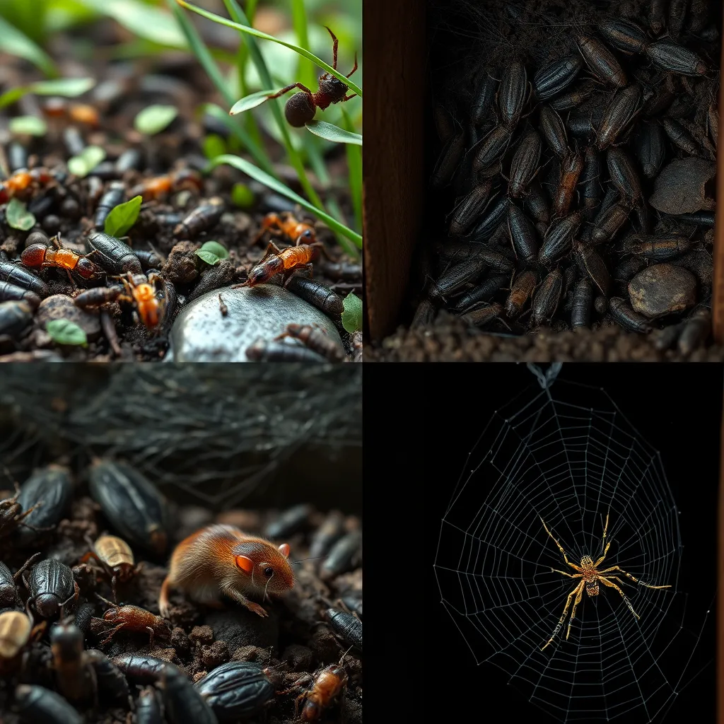 A photorealistic image showing a variety of pests in their natural environments. An ant colony foraging in a garden, cockroaches congregating in a damp basement, a mouse scurrying through a pantry, and a spider building a web in a dark corner.