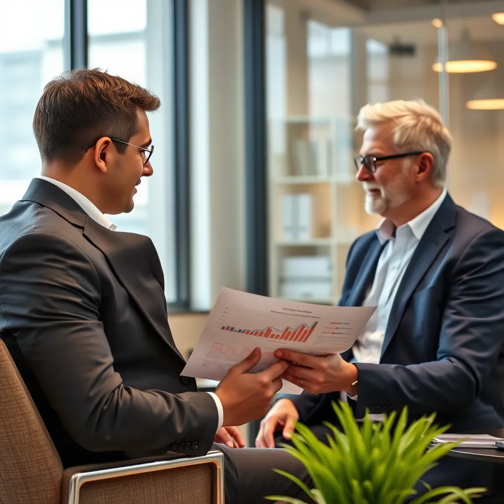 A professional-looking financial advisor, dressed in a suit, is sitting across from a client in a modern office setting. Both are looking at a document with financial graphs and charts. The image emphasizes the value of expert advice in making sound investment decisions and navigating the complexities of superannuation.