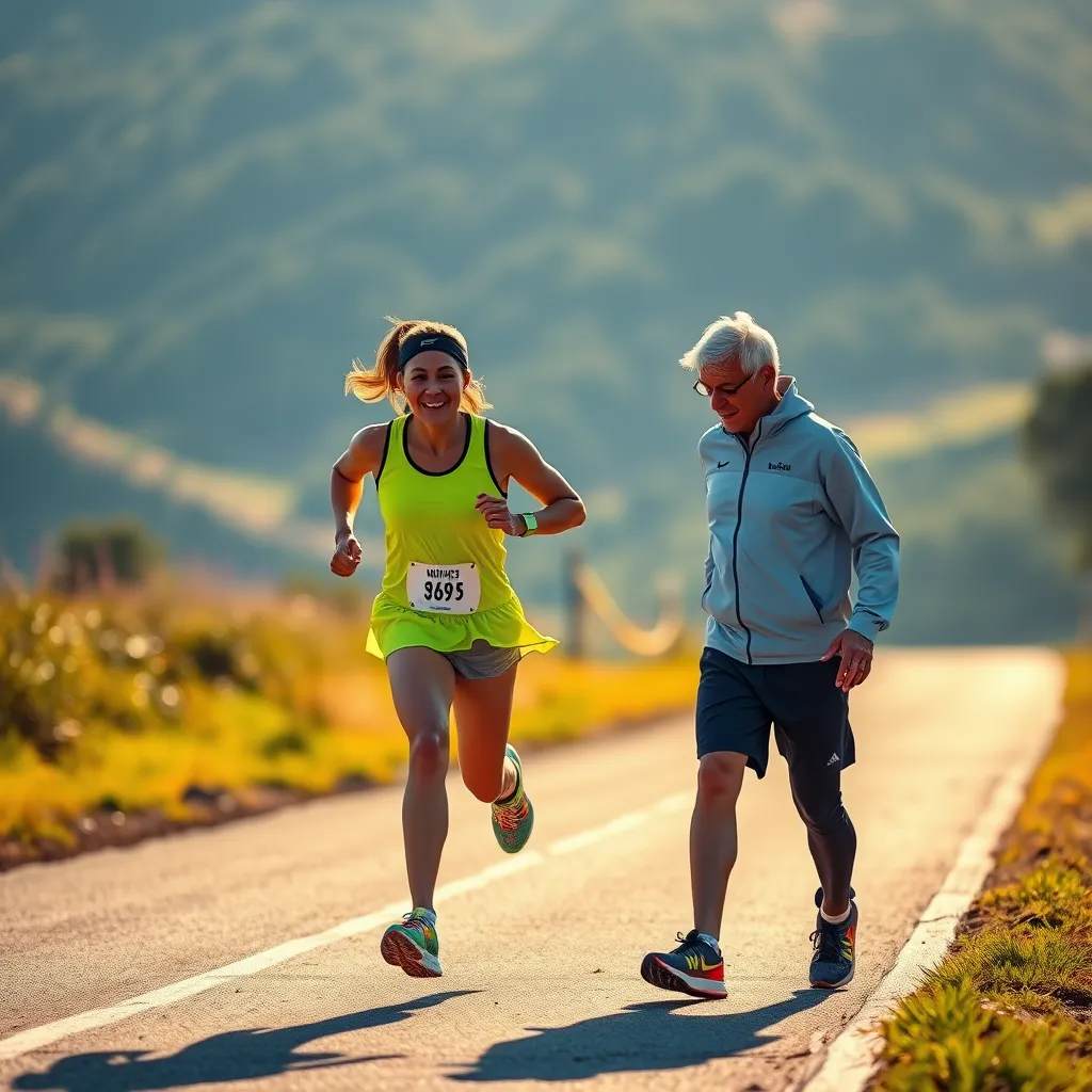 A runner in a bright running outfit pushing themselves to reach their goal, with a coach standing beside them offering encouragement and support. The background is a scenic running path with vibrant colors and sunlight.