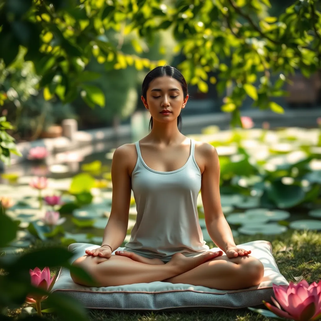 A serene and tranquil scene depicting a person practicing mindfulness meditation in a peaceful outdoor setting. The person is seated on a soft cushion, surrounded by lush greenery and vibrant flowers.  The gentle sunlight filters through the leaves, casting dappled patterns on the ground and creating a sense of tranquility.  The person's face is serene and relaxed, eyes closed, breathing deeply. Their posture is graceful and open, radiating calmness.  The background features a serene pond with lilies and lotus flowers, creating a sense of peace and harmony.  The camera angle should be low, capturing the person's stillness against the backdrop of nature. The image should be rendered in 8K resolution, with soft, diffused lighting and a focus on the subtle details of the person's expression and the surrounding environment. The overall mood should be one of serenity, inner peace, and connection with nature.