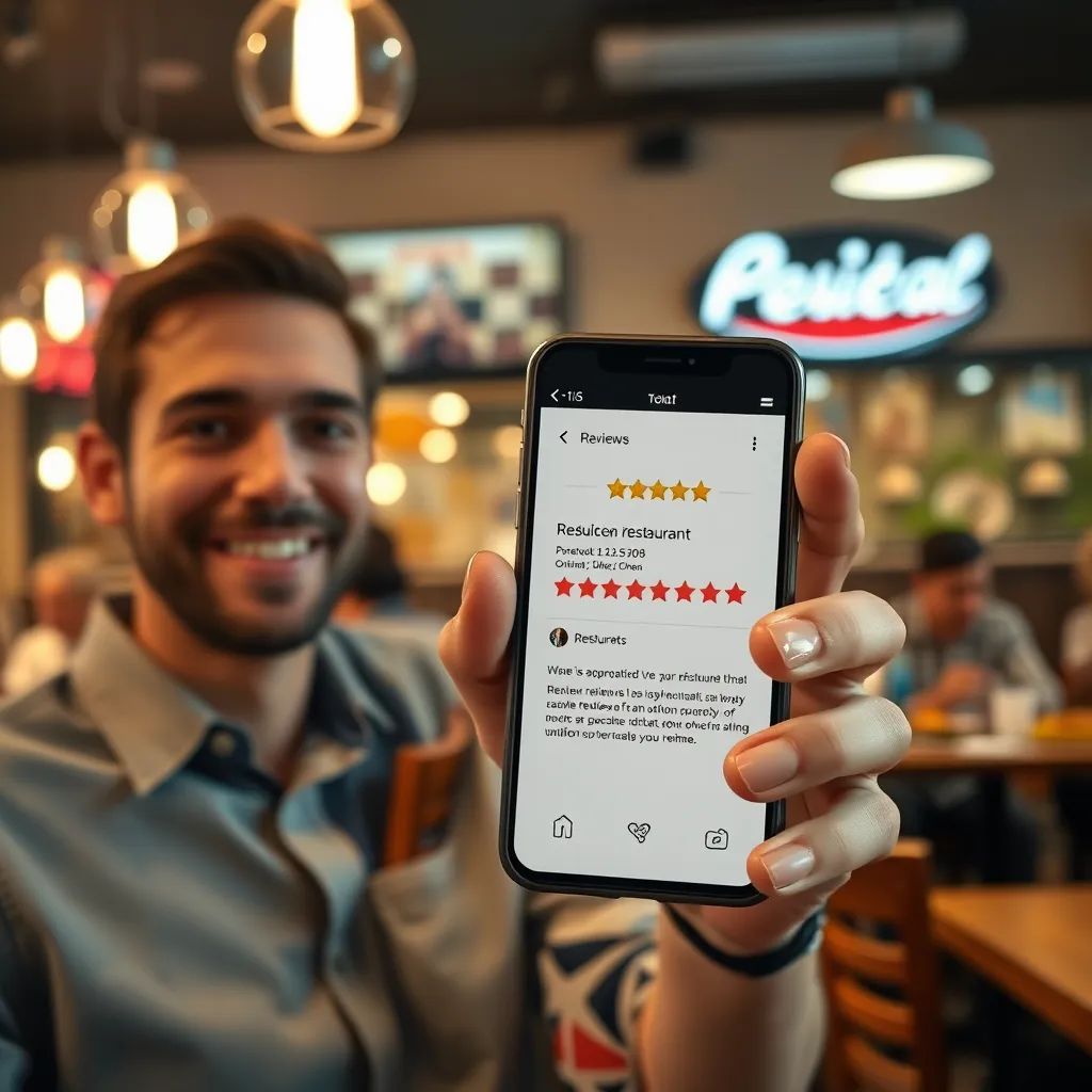 A smiling customer holding a smartphone, showcasing a glowing review of a local restaurant. The restaurant is in the background, featuring a bustling scene with happy customers enjoying their meals. The image highlights the positive impact of reviews on business reputation and customer confidence.