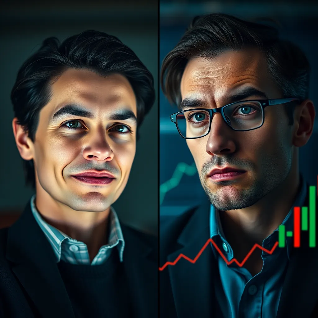 A split-screen image. On one side, a person looking calm and relaxed, representing a low-risk investor. On the other side, a person with a determined expression, representing a high-risk investor. Both sides should have charts and graphs symbolizing their respective investment strategies.