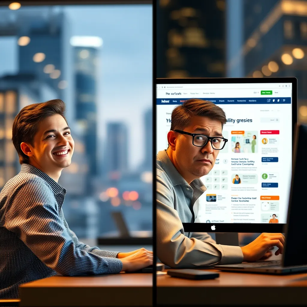 A split-screen image. One side shows a modern, clean website with a clear call to action, a happy customer smiling at their computer. The other side shows a cluttered, outdated website with a confused customer frowning. The background is a blurred cityscape, representing a bustling business environment.