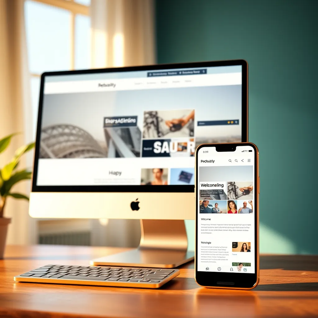 A split-screen image showcasing a website design on a desktop computer and a smartphone simultaneously. The website seamlessly adjusts its layout and content on both devices, demonstrating its responsiveness. The desktop screen features a bright, spacious website with high-quality visuals and intricate details, while the smartphone screen displays a clean and intuitive mobile layout. The image is bathed in warm, natural light, creating a welcoming and inviting atmosphere. Capture the website's responsiveness in a dynamic and visually engaging manner, emphasizing the smooth transitions and flawless adaptation across different screen sizes. Render this image in a photorealistic style with ultra-high quality and meticulous attention to detail, showcasing the website's responsiveness and user-friendliness.