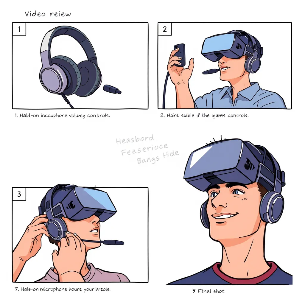 A storyboard-style illustration depicting a video review of a new gaming headset.  The storyboard features a series of frames showcasing different perspectives and actions.  Frame 1: Close-up shot of the headset with a sleek, metallic design.  Frame 2: A person wearing the headset, immersed in a virtual reality gaming experience.  Frame 3:  Hands-on demonstration of the headset's features, including microphone and volume controls.  Frame 4:  Text overlay highlighting the key features and benefits of the headset.  Frame 5:  Final shot of the person wearing the headset with a satisfied expression.  The style should be modern and dynamic, incorporating bold colors and clear, expressive lines.  The overall tone should be energetic and engaging.