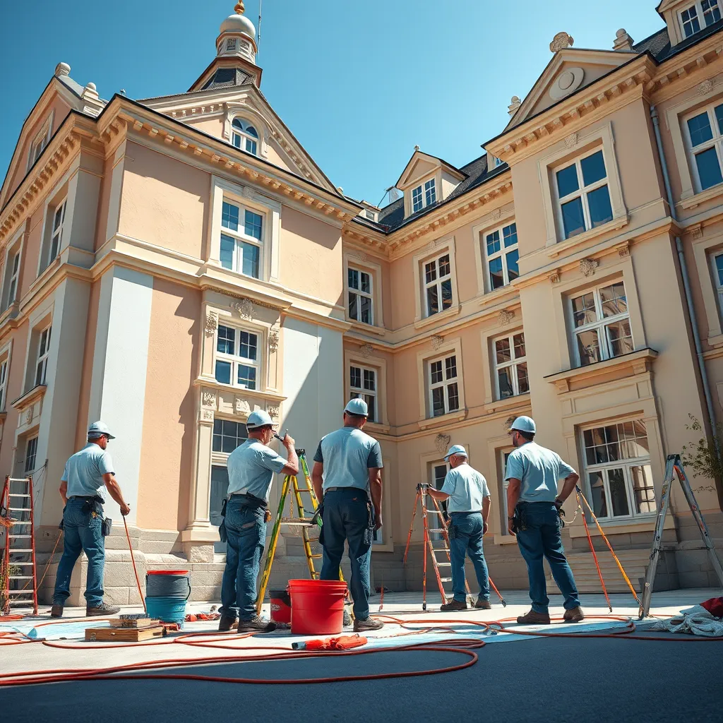 A team of painters working together on a large-scale exterior painting project, showcasing their coordinated effort and efficiency. The scene is a sunny day with a beautiful, heritage-style building as the backdrop, representing the company's ability to handle both small and large projects.