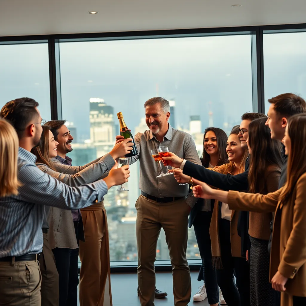 A team of people celebrating their success, with a coach standing in the center of the group, leading a toast with a champagne bottle. The background is a modern office setting with a cityscape view from the window, representing a thriving business.