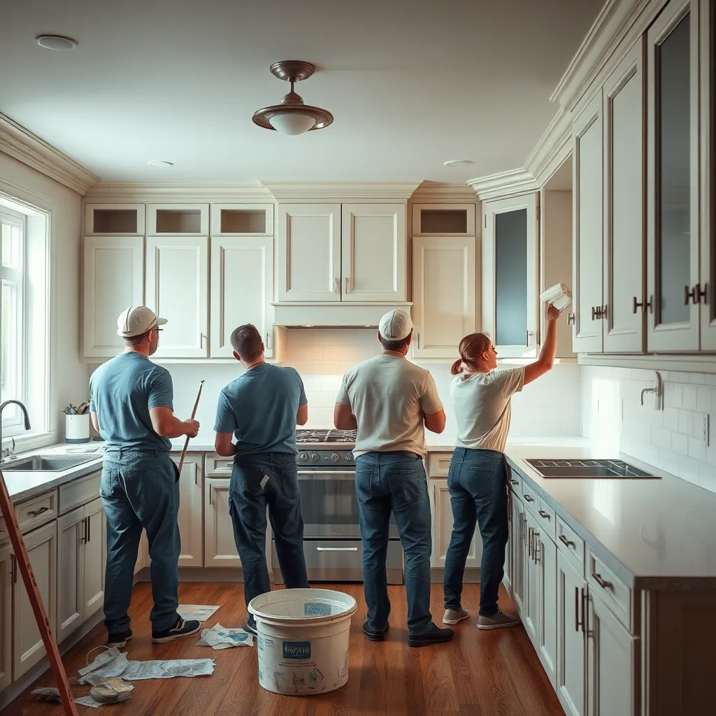 A team of professional painters working together in a kitchen, efficiently and effectively painting the cabinets and walls. The scene should convey a sense of professionalism, teamwork, and efficiency, highlighting the dedication and expertise of the painters.