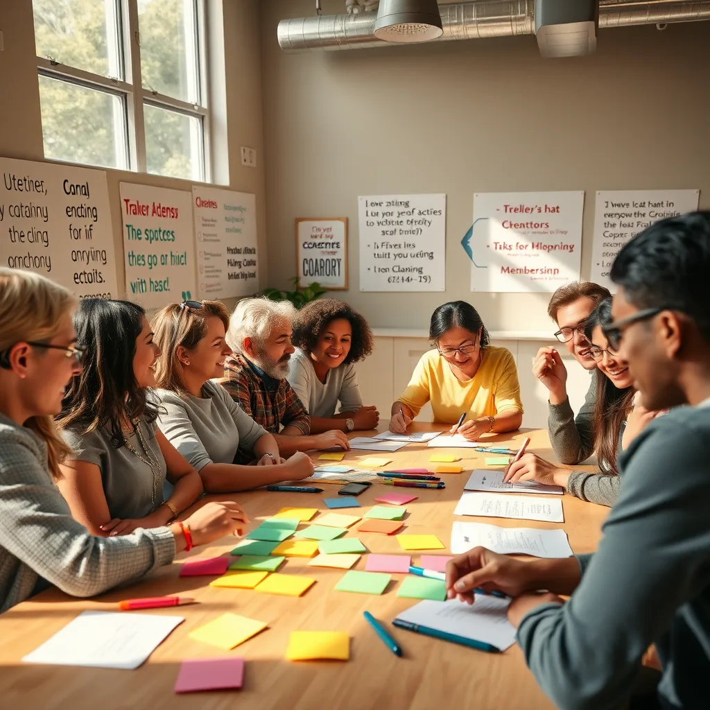 A vibrant and dynamic scene depicting a group of people actively participating in a coaching workshop. The participants are diverse in age, background, and ethnicity, all engaged in a lively discussion around a large table. The room is filled with natural light, casting a warm glow on the participants.  The walls are adorned with motivational quotes and visual aids that enhance the learning experience.  The table is laden with colorful sticky notes, markers, and interactive tools, fostering a collaborative and engaging atmosphere.  The camera angle should be slightly elevated, capturing the energy and enthusiasm of the participants.  The image should be rendered in 8K resolution, with a focus on capturing the details of each participant's expressions, body language, and interactions.  The overall mood should be one of excitement, discovery, and shared growth.