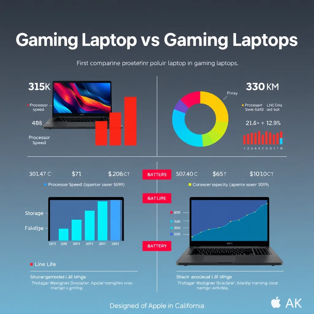 A visually compelling infographic that compares the performance of two popular gaming laptops.  The infographic features a clear and concise design with bold colors, contrasting fonts, and data-driven visualizations.  The left side showcases the first laptop with its specs and performance data presented in a visually engaging way.  The right side displays the second laptop with its own set of specs and performance data.  The infographic uses a bar chart to compare processor speed, a pie chart to represent storage capacity, and a line graph to demonstrate battery life.  The overall mood is professional and informative, focusing on a clear presentation of data and key insights.  The background is a subtle gradient of grey and blue, creating a modern and clean aesthetic.  Style reference: Apple's 'Designed by Apple in California' aesthetic, emphasizing clean lines and minimal design.