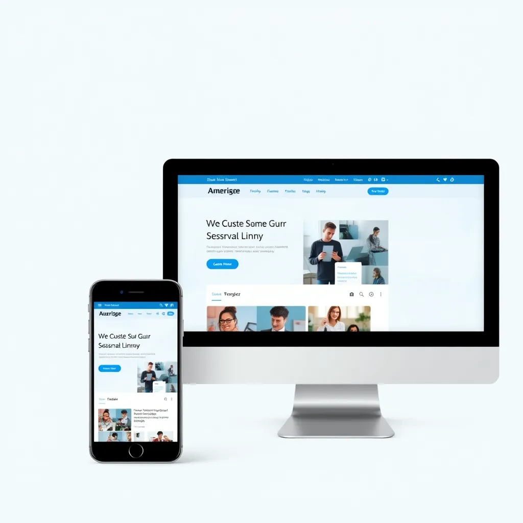 A website displayed on a phone, tablet, and desktop computer. The website looks identical on all devices, with the layout adjusting to fit the screen size. The website is easy to navigate and use on all devices. The background of the website is a soft blue color, with images of people using the website in the background.