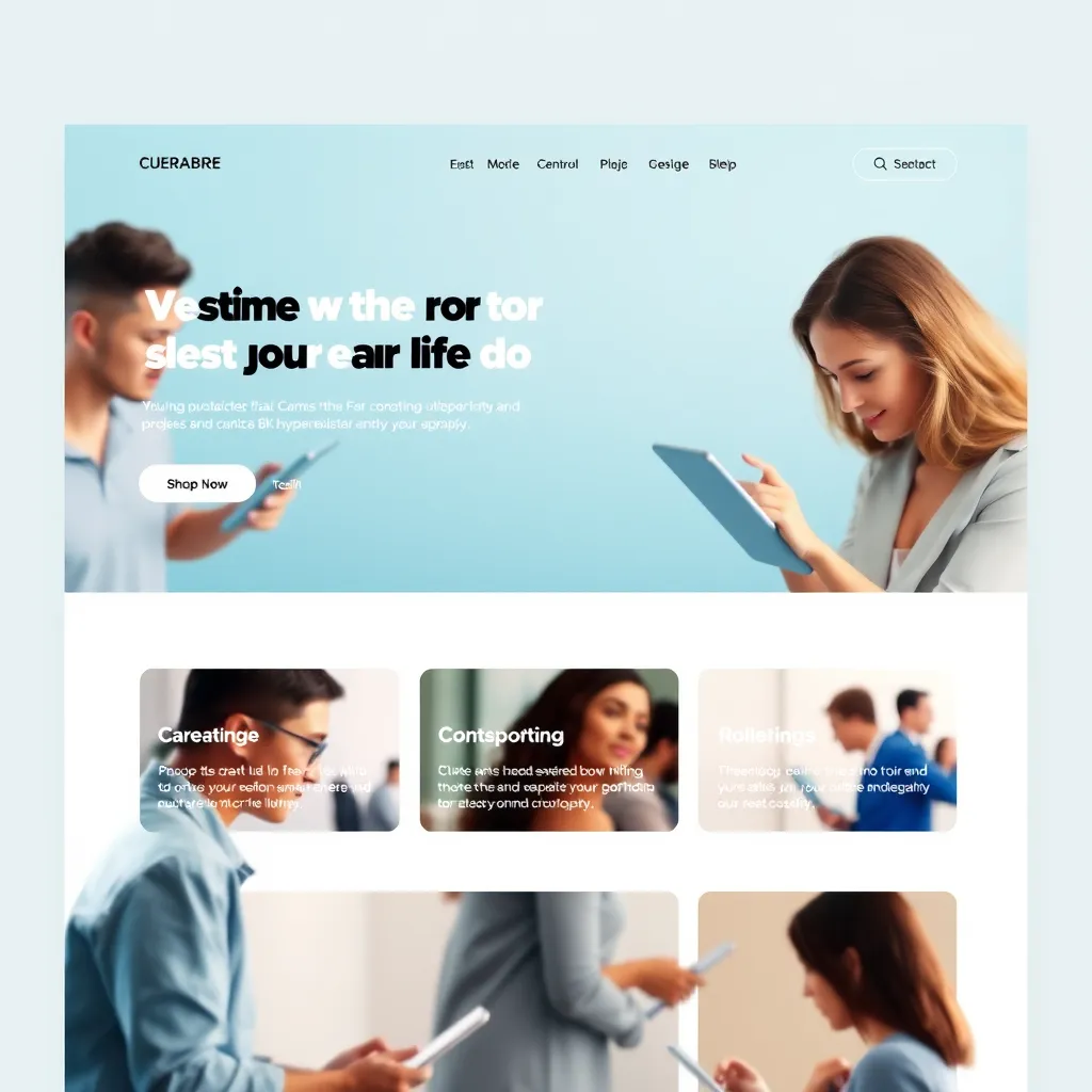 A website with a modern and minimalist design. The website features high-quality photography, bold typography, and a bright color scheme. The website is visually appealing and engaging, with a clear call to action. The background of the website is a soft blue color, with images of people using the website in the background.