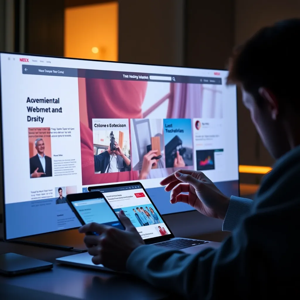 A website with a responsive layout, adjusting seamlessly on different devices. The image should focus on a user interacting with a website, scrolling through information effortlessly and engaging with interactive elements.